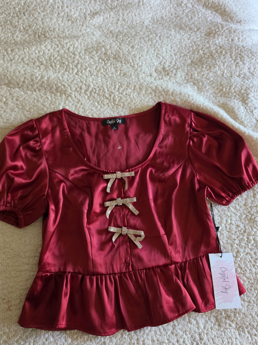 Crystal Bow Red Satin Peplum Blouse by Crystal Sky